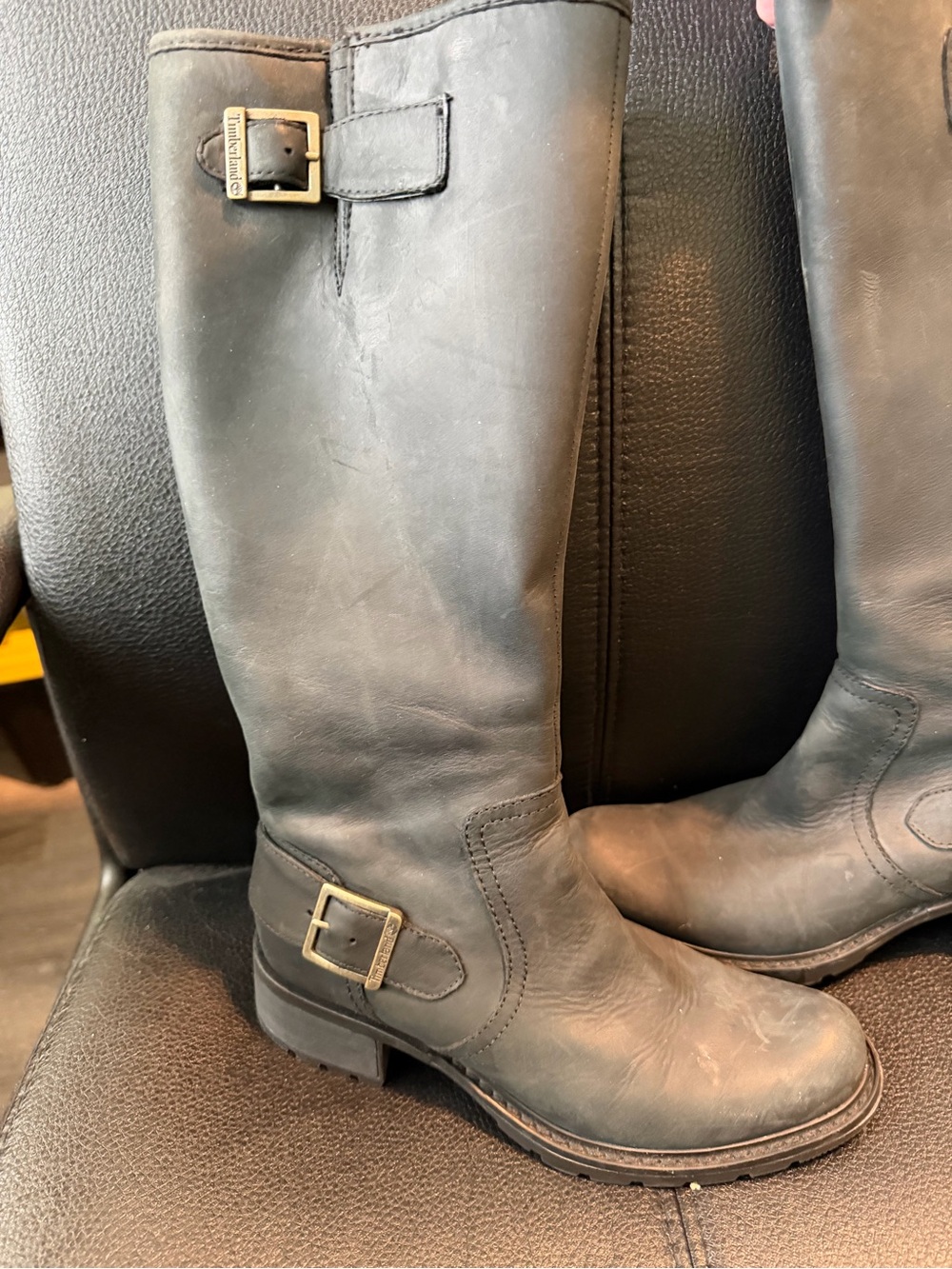 Timberland Black Leather Tall Riding Boots with Brass Buckles